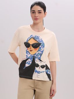 VERO MODA - Cream Graphic Printed Cotton T-Shirt