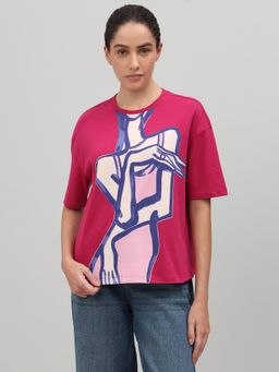 VERO MODA - Pink Graphic Figure Art Printed Drop Sleeves T-Shirt
