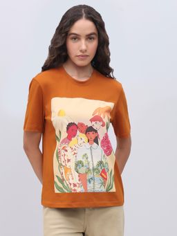 VERO MODA - Orange Cotton Graphic Printed T-Shirt
