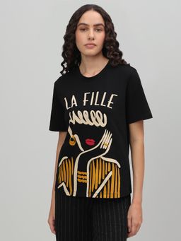 VERO MODA - Black and Beige Illustration Printed T-Shirt
