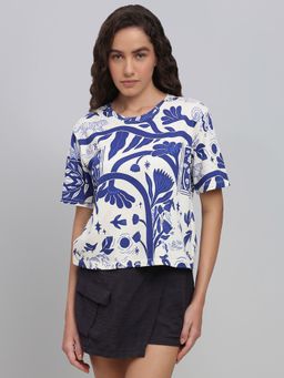VERO MODA - White and Blue Abstract Printed Cotton T-Shirt