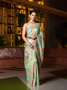 Beatitude - Green Blue Floral Chanderi Cotton Saree with Unstitched Blouse