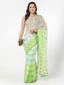 KISHORI - Chiffon Meena Zari Print and Gota Border Saree with Unstitched Blouse - Green
