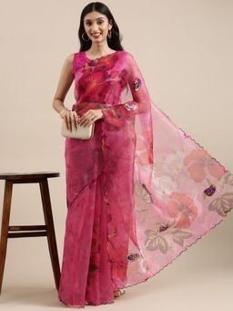 Vastranand - Maroon Organza Party Wear Saree With Multi Colour Aari Work Butta with Unstitched Blouse