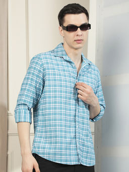 CRIMSOUNE CLUB - Men Blue Checks Full Sleeves Shirt