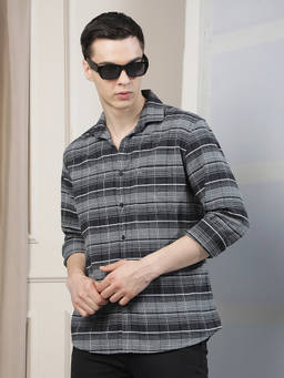 CRIMSOUNE CLUB - Men Grey Checks Cotton Shirt