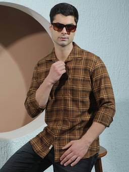 CRIMSOUNE CLUB - Men Brown Checks Cotton Shirt