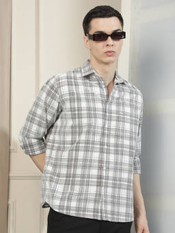 CRIMSOUNE CLUB - Men Grey-White Checks Cotton Corduroy Shirt
