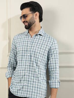 CRIMSOUNE CLUB - Men Sky Blue Checks Cotton Shirt