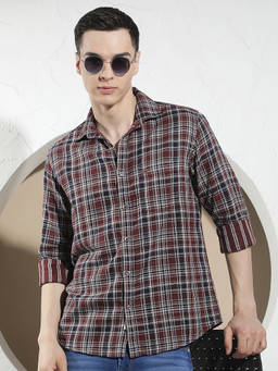 CRIMSOUNE CLUB - Men Maroon Checks Cotton Shirt