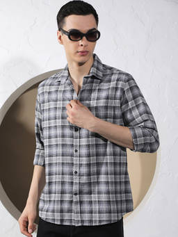CRIMSOUNE CLUB - Men Grey Checks Cotton Shirt