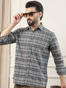 CRIMSOUNE CLUB - Men Grey Checks Cotton Shirt