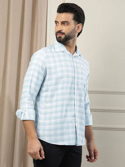CRIMSOUNE CLUB - Men Light Blue Checks Shirt