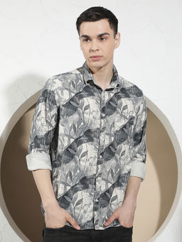CRIMSOUNE CLUB - Men Grey Floral Printed Cotton Corduroy Shirt
