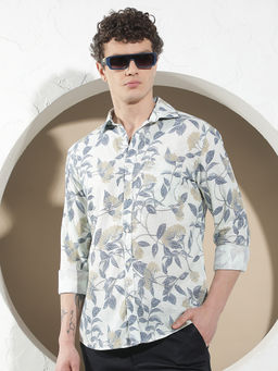 CRIMSOUNE CLUB - Men Off White Botanical Floral Printed Linen Shirt