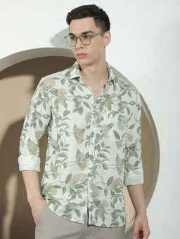 CRIMSOUNE CLUB - Men Green Botanical Floral Printed Linen Shirt