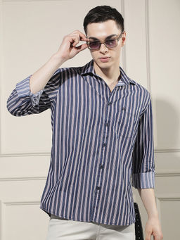 CRIMSOUNE CLUB - Men Navy Blue Vertical Stripes Cotton Shirt