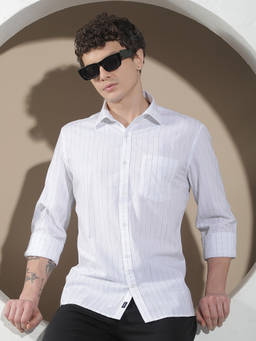 CRIMSOUNE CLUB - Men White Vertical Stripes Cotton Shirt