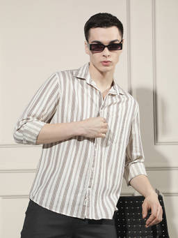 CRIMSOUNE CLUB - Men Off White-Brown Vertical Stripes Linen Shirt
