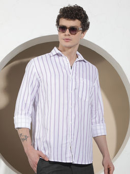 CRIMSOUNE CLUB - Men Purple-White Vertical Stripes Cotton Shirt
