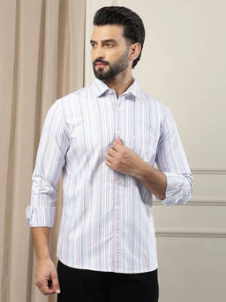 CRIMSOUNE CLUB - Men Peach Vertical Stripes Cotton Shirt