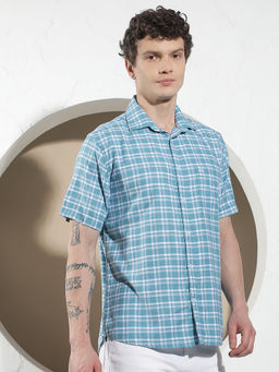 CRIMSOUNE CLUB - Men Blue Checks Half Sleeves Shirt