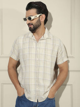 CRIMSOUNE CLUB - Men Beige Checks Linen Half Sleeves Shirt