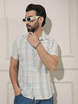 CRIMSOUNE CLUB - Men Cream Checks Linen Half Sleeves Shirt