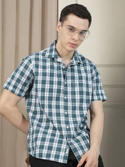 CRIMSOUNE CLUB - Men Teal Checks Cotton Half Sleeves Shirt