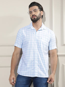 CRIMSOUNE CLUB - Men Light Blue Checks Cotton Half Sleeves Shirt