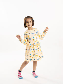 Reedoo - Abstract Adventure Full Sleeve Dress with Pockets In Cream