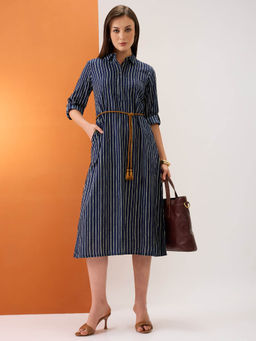 Globus - Women Indigo Cotton Full Sleeves Dress with Belt