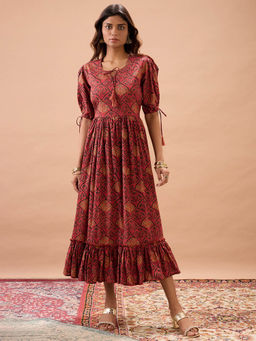 Globus - Women Maroon Cotton Puff Sleeves Dress
