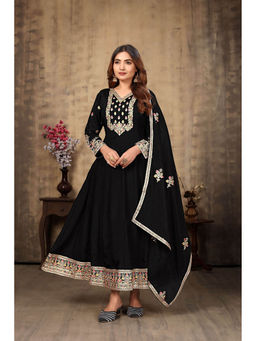 Miss Ethnik - Women Black Chinon Full Sleeves Gown With Dupatta