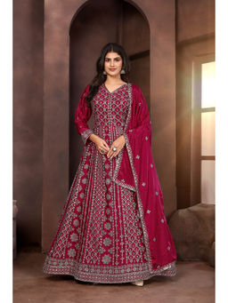 Miss Ethnik - Women Maroon Chinon Full Sleeves Gown With Dupatta