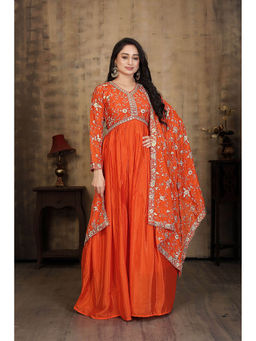 Miss Ethnik - Women Orange Chinon Full Sleeves Gown With Dupatta