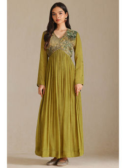 Soch - Women Olive Chinon Full Sleeves Dress