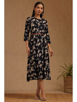 Soch - Women Navy Blue Rayon Three Fourth Sleeves Dress