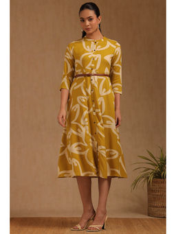 Soch - Women Yellow Rayon Three Fourth Sleeves Dress with Belt