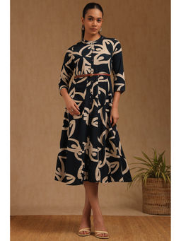 Soch - Women Blue Rayon Three Fourth Sleeves Dress with Belt