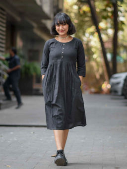 Suta - Women Black Cotton Three Fourth Sleeves Dress
