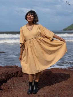 Suta - Women Beige Cotton Three Fourth Sleeves Dress