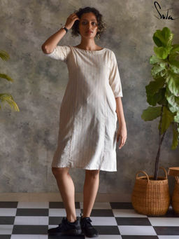Suta - Women Off White Cotton Three Fourth Sleeves Dress