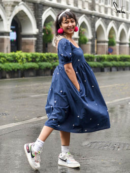 Suta - Women Blue Cotton Puff Sleeves Dress