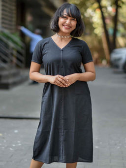 Suta - Women Black Cotton Half Sleeves Dress