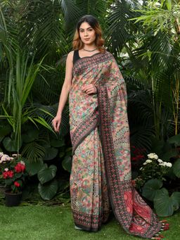 Beatitude - Multicolor Printed Cotton Kalamkari Saree with Unstitched Blouse
