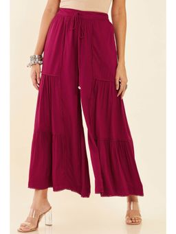 Soch - Maroon Rayon Tiered An Flared Palazzo With Laces And Pockets