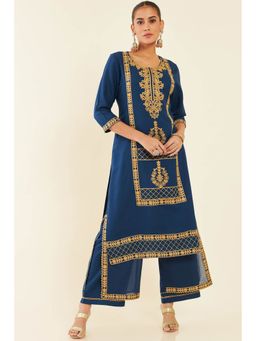 Soch - Navy Blue Straight Embroidered Kurta With Layered Palazzo (Set of 2)