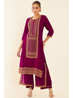 Soch - Magenta Straight Embroidered Kurta With Layered Palazzo (Set of 2)