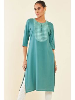 Soch - Teal Rayon Ethnic Embroidered Straight Kurta With Gota Patti